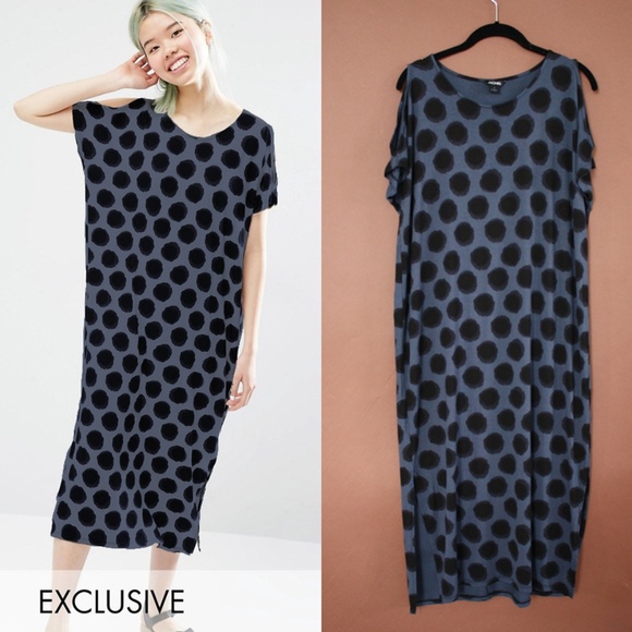 Monki Dresses & Skirts - MONKI *DYED BLUE* dot open shoulder midi dress